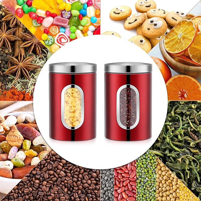 Zopeal 6 Pack Red Canisters Sets For Kitchen 50oz Stainless Steel Red Kitchen Canisters with Transparent Windows Flour Sugar Container Metal Jar Countertop Set for Coffee Tea Decorative