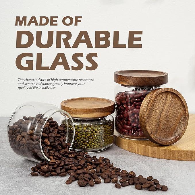 1 PC Small Glass Storage Jars with Airtight Lids, 11 fl oz (300ml) coffee container with Wooden Lid, Glass Pantry Canister for Beans, Rice, Sugar and etc