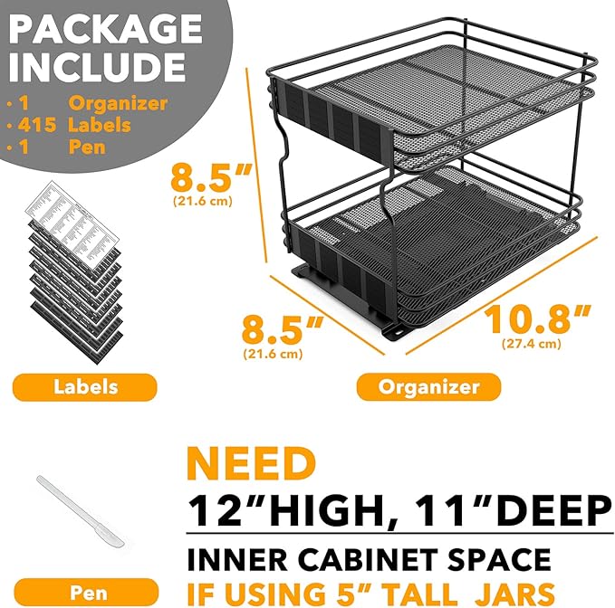 SpaceAid Pull Out Spice Rack Organizer for Cabinet, Heavy Duty Slide Out Seasoning Kitchen Organizer, Cabinet Organizer, with Labels, 8.5" W x10.75 D x8.5 H, 1 Drawer 2-Tier