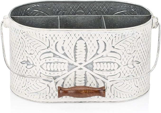 CRAFTSMAN ROAD Distressed White Metal Caddy – Farmhouse Galvanized Kitchen Organizer with Handle – Vintage Rustic Multi-Compartment Holder for Napkins, Plates, Cutlery, Flatware, Cleaning Supplies