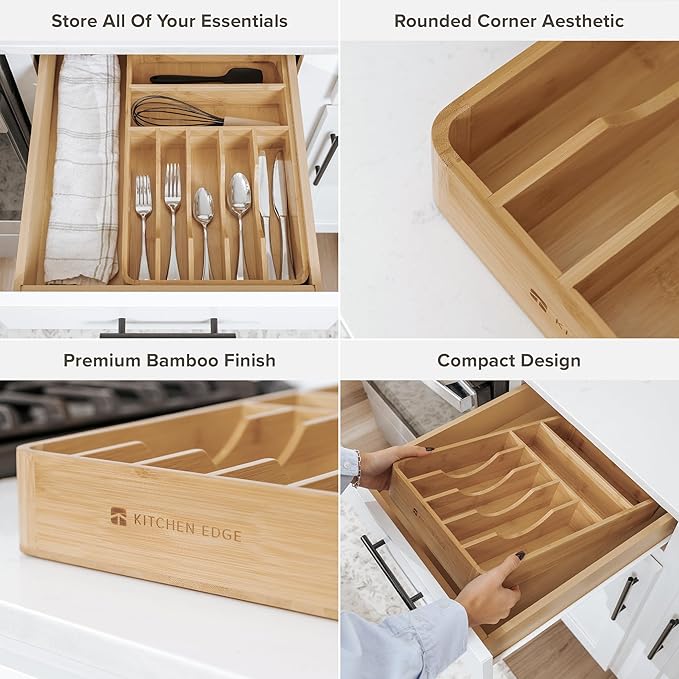 Silverware Organizer - Cutlery, Flatware, and Utensil Holder for Kitchen Drawers, Fixed 10.5” Width, 7 Storage Compartments, Non-Slip Feet, Rounded Corners, 100% Bamboo