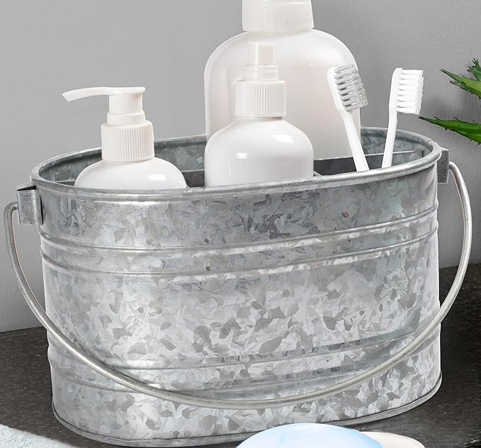 CLEENTABLE Metal Utensil Caddy - Silverware Caddy for Countertop & Parties, Farmhouse Paper Plate & Flatware Holder, Galvanized Kitchen Basket for Picnic & Dining (Grey, 10 Inches)
