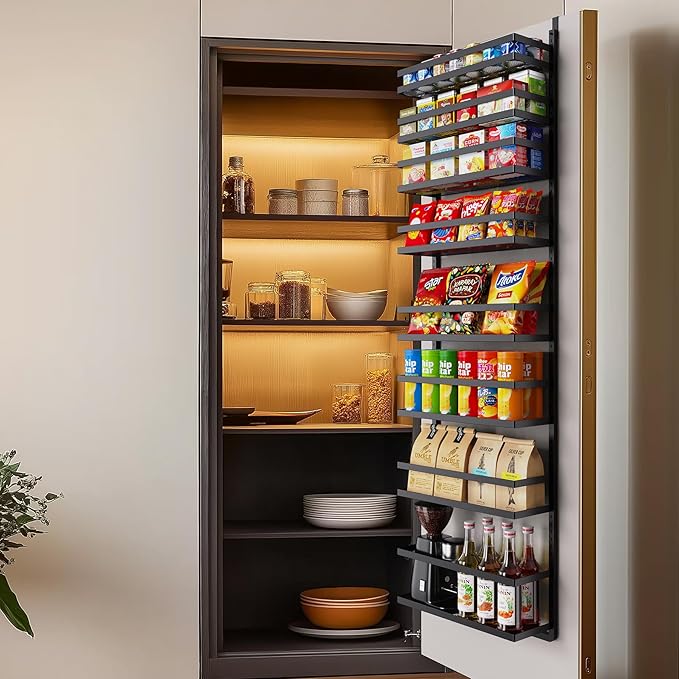 8-Tier-Wall-Mount-Spice-Rack-Organizer W/ Adjustable Basket&Fence, Large Over The Door Spice Seasoning Shelf For Pantry Kitchen, Hanging Spice Organization For Cabinet Door, Bathroom Door Storage
