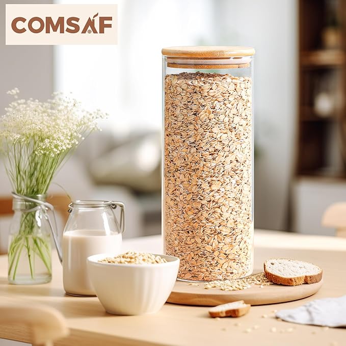 ComSaf 56oz Glass Storage Containers with Lids, Glass Jars with Lids, Clear Food Storage Jar, Round Canister Set of 3, Pantry Organizers for Pasta Flour Cookie Rice Tea Coffee Bean