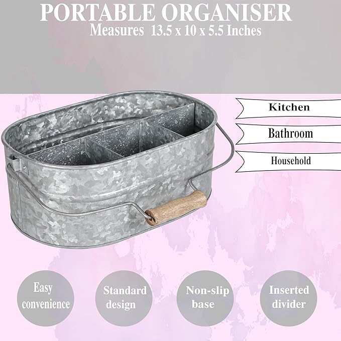 CLEENTABLE Galvanized Farmhouse Utensil Caddy – 4-Compartment Tin Organizer for Kitchen, Parties & Outdoor Use (13.5” L x 10” W x 5.5” H, Removable Handle)