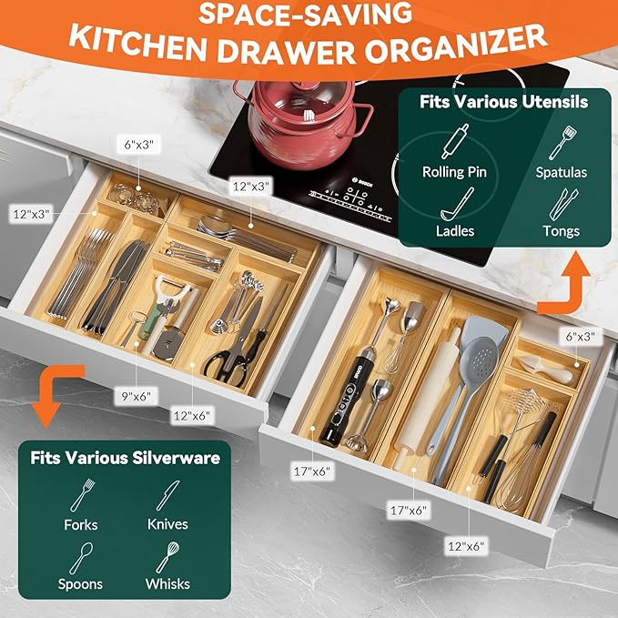 Bamboo Drawer Organizer, Small Silverware Organizer for Kitchen Drawer, Stackable Utensil Organizer, 2 Pcs Flatware Organizer for Drawer, Wooden Storage Box Tray (Bamboo, 6 X 3 X 2 Inch)