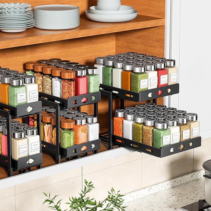 RCHYFEED Pull Out Spice Rack Organizer for Cabinet, 2-Tier Heavy Duty Slide Out Spice Rack for Inside Cabinets & Pantry, Kitchen Seasoning Organizer Vertical Spice Racks,9.5" Wx10.8 Dx9.7 H,Black