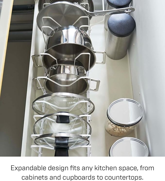 YAMAZAKI home 3840 Adjustable Lid & Pan Organizer-Kitchen Drawer Storage Shelf Rack, One Size, White