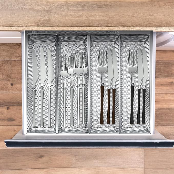 6 Pack Silverware Organizer, Mesh Small Utensil Drawer Organizer Silverware Holder for Kitchen Drawer, Metal Narrow Cutlery Drawer Organizer for Flatware, Knives, Spoons Storage 3x9x2 Inch
