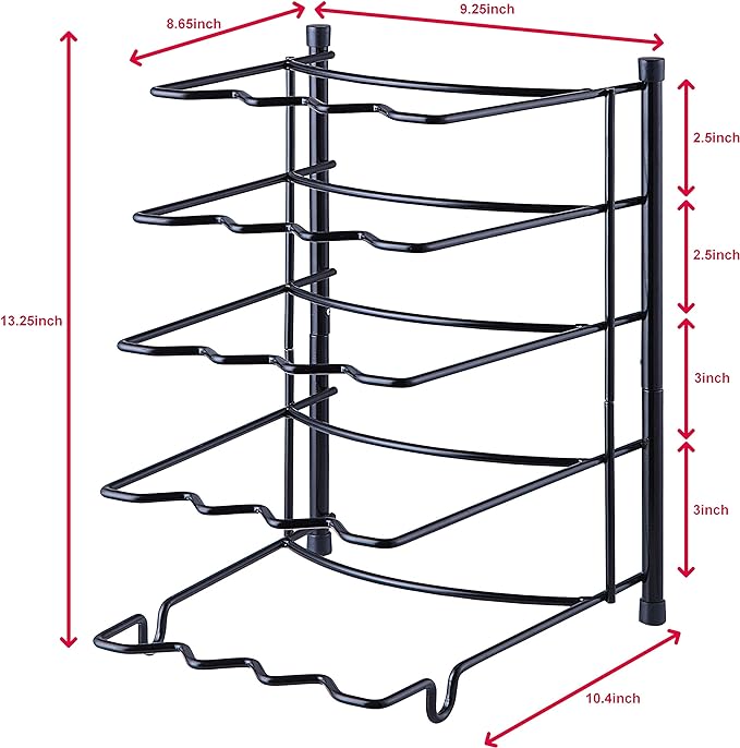 SunnyPoint Metal Heavy Duty Kitchen Countertop Cabinet Pantry Pan, Pot Lid, and Pot Organizer Rack Holder, 9.25 x 10.4 x 13.25 Inch, Black