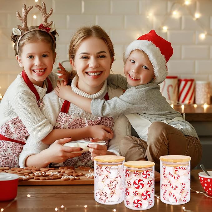 3Pcs Christmas Glass Storage Jars Red White Candy Cane Gingerbread Man Clear Canisters Sets with Airtight Lid for Xmas Home Kitchen Countertop Decor