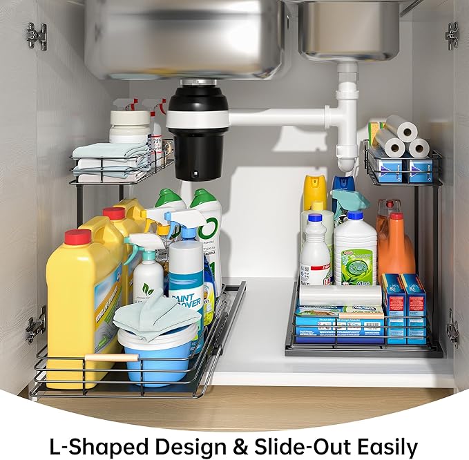 LAMU Under Sink Organizers and Storage, 2 Tier Bathroom Kitchen Cabinet Organizers, Pull Out Under Sink Storage Kitchen Shelf Organizer for Under Counter Storage