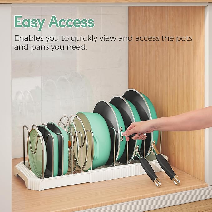 Pots and Pans Organizer for under Cabinet, Expandable Pan Pot Organizers inside Cabinet, Heavy Duty Pot Rack for kitchen organizers and storage Holder with 10 adjustable compartment White