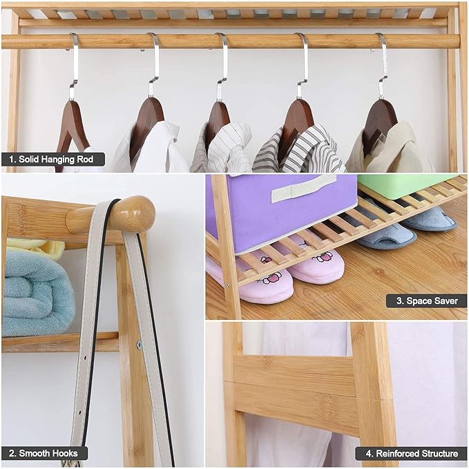 Ufine Bamboo Clothes Hanging Rack with 2 Tier Storage Shelves and 2 Coat Hooks Portable Laundry Rack Cloest Organizer Garment Rack for Bedroom Guest Room