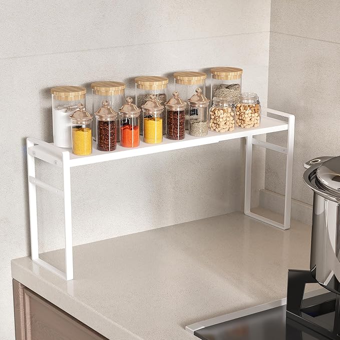 Expandable Metal Spice Organizer Shelf, Standing Small Narrow Rack for Seasonings, Adjustable Kitchen Storage Shelf Countertop (White, L13.7-23.6''*W3.54''H7'')