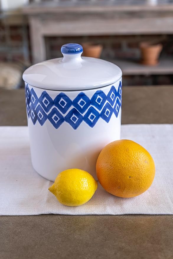 Vietri Viva Santorini Diamond Large Canister Elegant Ceramic Earthenware Kitchen Storage Jar with Lid 7.5 Inch Blue White