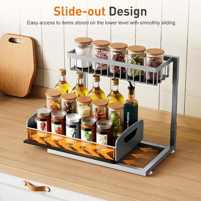 Under Sink Organizer 2 Pack,Metal Pull Out Cabinet Organizer Shelf,Kitchen Bathroom Organizers and Storage with Sliding Drawer,Storage Shelves,Storage and organization for Home,Laundry,RV,Pantry,Spice