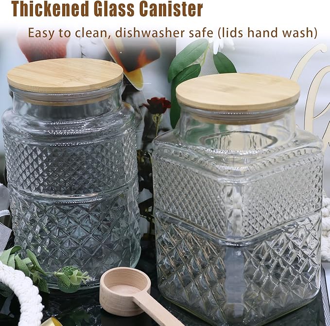 1 Gallon Glass Jar with Lid Spoon 120 OZ Square Wide Mouth Glass Storage Jars Airtight Large Vintage Canister Container for Candy Cookie Sugar Coffee Tea Nuts Flour Dog Treat Laundry Pods