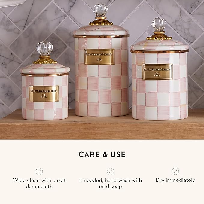 MACKENZIE-CHILDS Large Enamel Canister, Kitchen Storage Container for Flour and Sugar, 1.89 Liters, Pink-and-White Rosy Check