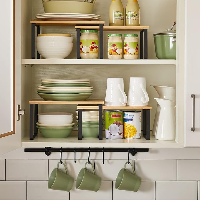SONGMICS Bamboo Shelf Organizers and Spice Racks Bundle, 2 Sets of 2 Cabinet Organizers, for Kitchen Organization, Natural and Black UKCS02NB and UKCS016N01
