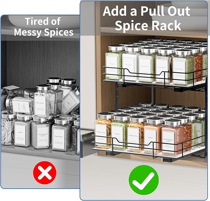 2-Tier Spice Rack Organizer, Pull Out Spice Rack for Cabinet, Height Adjustable Heavy Duty Metal Basket for Inside Cabinets & Pantry (11.5''Wx10.5''Dx9.5''H)