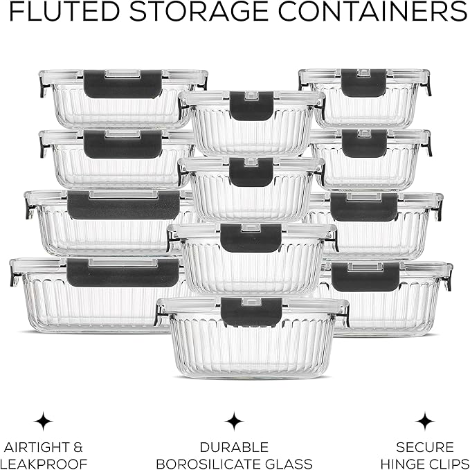 JoyJolt 24pc Fluted Glass Storage Containers with Lids. 12 Airtight, Freezer Safe Food Storage Containers, Pantry Kitchen Storage Containers, Glass Meal Prep Containers for Lunch