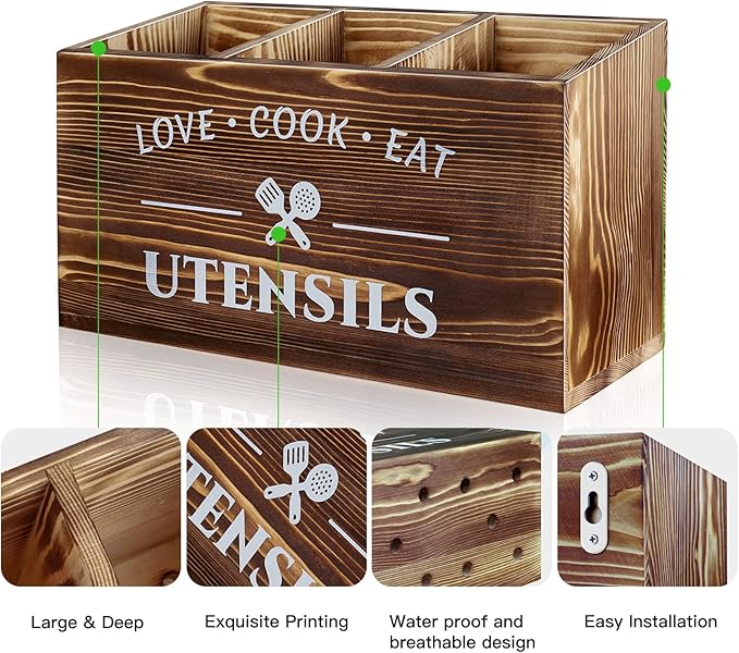 Brown Utensil Holder Rustic Utensil Caddy Crocks with 3 Compartments for Kitchen Counter, Farmhouse Wood Flatware Utensils Organizer Storage Box for Silverware Fork Spoon Spatula