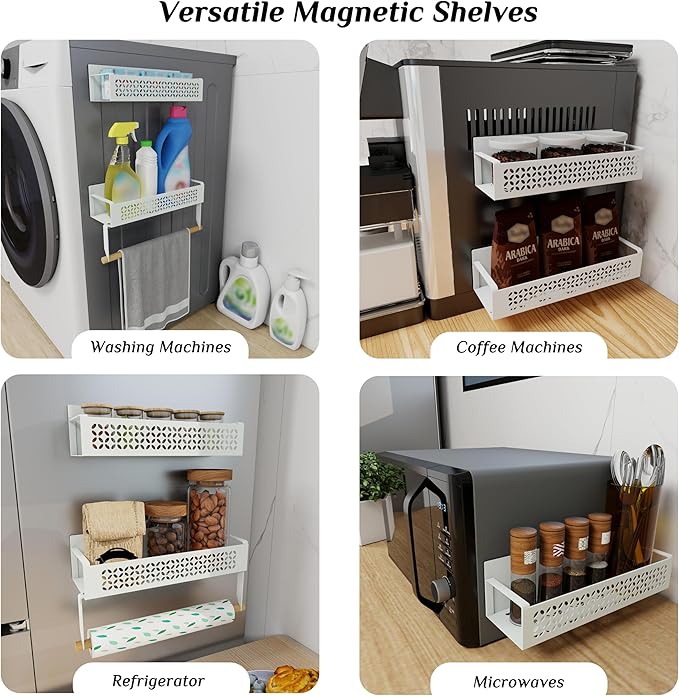 Magnetic Spice Rack Set 2 Pack Refrigerator Storage Organizer with Removable Paper Towel Holder for Kitchen - White