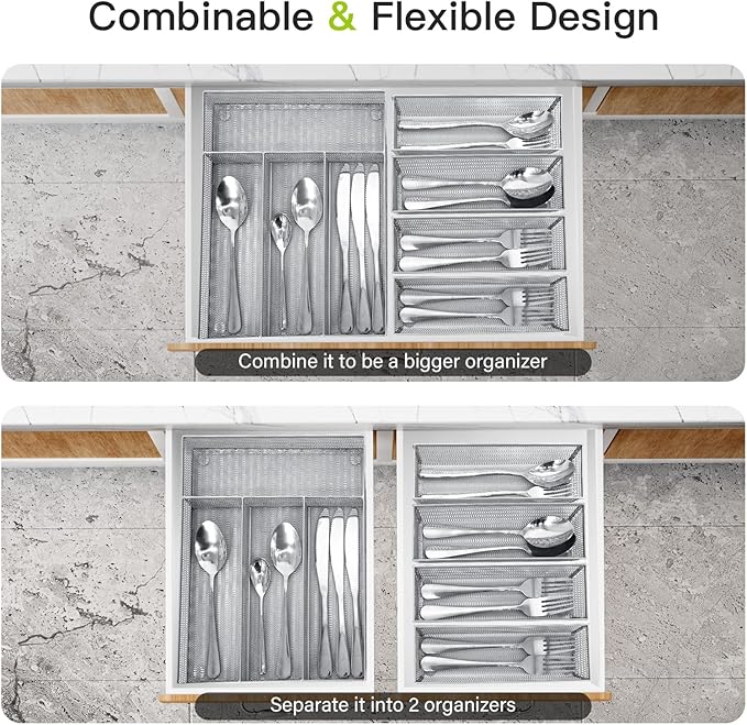 Drawer Organizer Set 5 Pack - 4-Compartment Silverware Organizer Tray + 4 Utensil Trays, Kitchen Drawer Organizer for Flatware, Cutlery, Office Supplies, Silver Mesh, Non-Slip