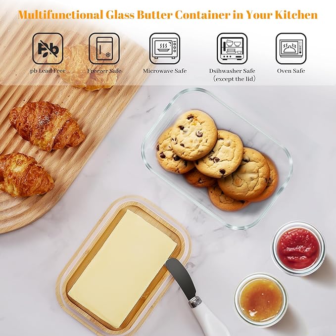 XCC Large Glass Butter Dish with Lid, Upgraded the Capacity to Holds 1lb of Butter, Butter Keeper with Knife for countertop and Double High-quality Silicone Seal, Kitchen Decor and Gifts