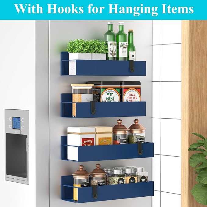 4 Pack Magnetic Spice Storage Rack Organizer for Refrigerator and Oven, Dark Blue Fridge Organizers and Storage
