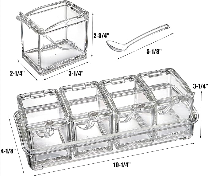Yesland Clear Seasoning Rack Spice Pots - 4 Piece Storage Container Condiment Jars - Acrylic Seasoning Box, Cruet with Cover and Spoon