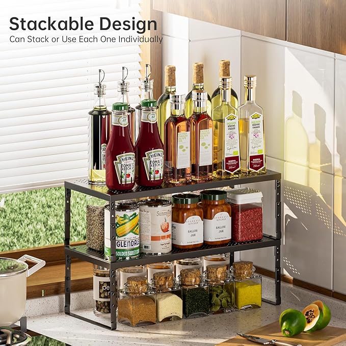 Cabinet Shelf,Expandable Adjustable Stackable Kitchen Organizer,for cabinets, Kitchens, countertops, bathrooms Shelf Organizer(1Pack/Black,Large)