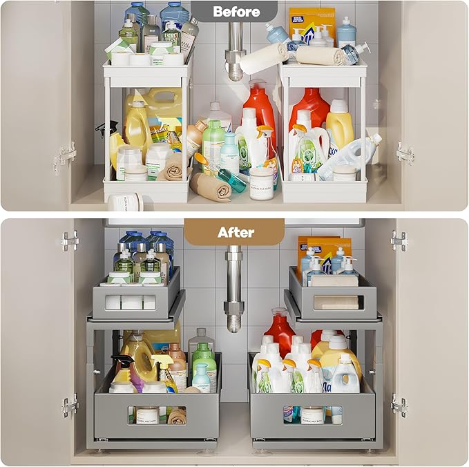 2 Pack 18.5IN-Depth Under Sink Organizer With Next-Gen Ball-Bearing Slides,2-Tier Pull Out Cabinet Storage,Height Adjustable Drawer Shelf for Bathroom,Kitchen,Laundry,Cabinet,Pantry-Gun Gray