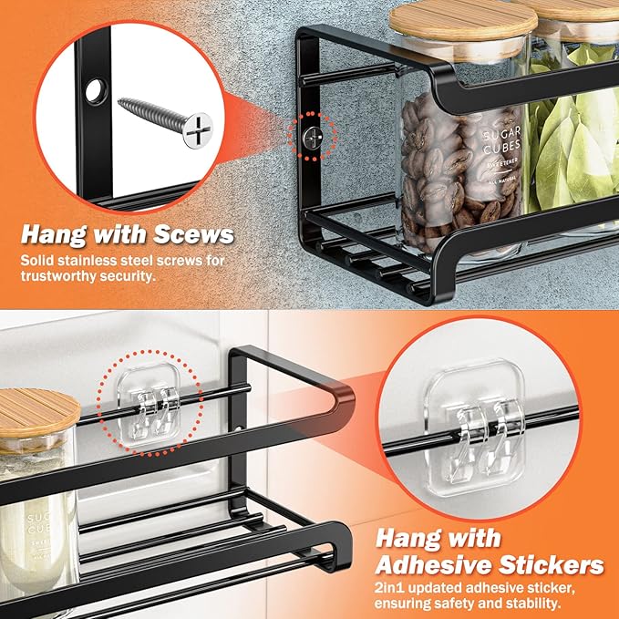 Spice Rack wall mounted, Space-Saving Spice Organizer for Spice Jars and Seasonings,Screw or Adhesive Hanging Spice Rack Organizer for Your Kitchen Cabinet,or Pantry Door