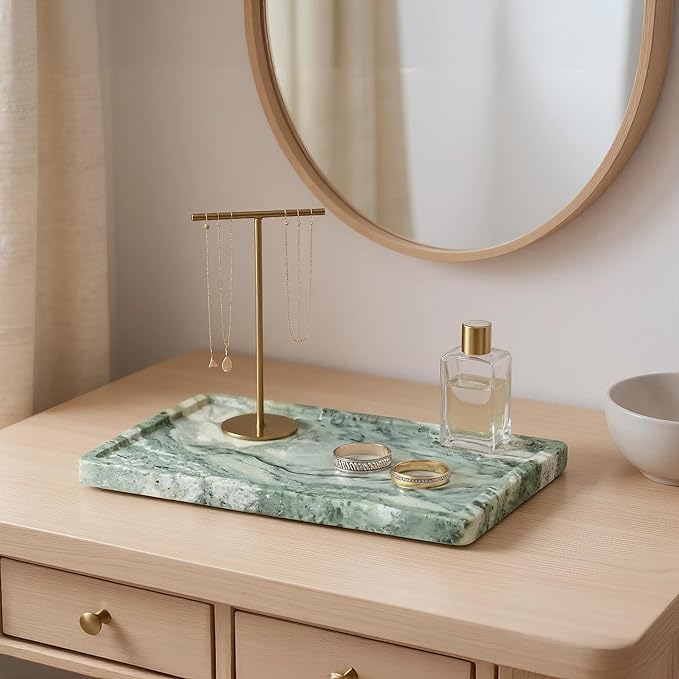 Green Marble Tray – 12" x 6.5" Decorative Vanity Tray for Bathroom, Countertop, Jewelry, Candles, Kitchen | Natural Stone Organizer for Makeup, Perfume, Skincare & Home Décor