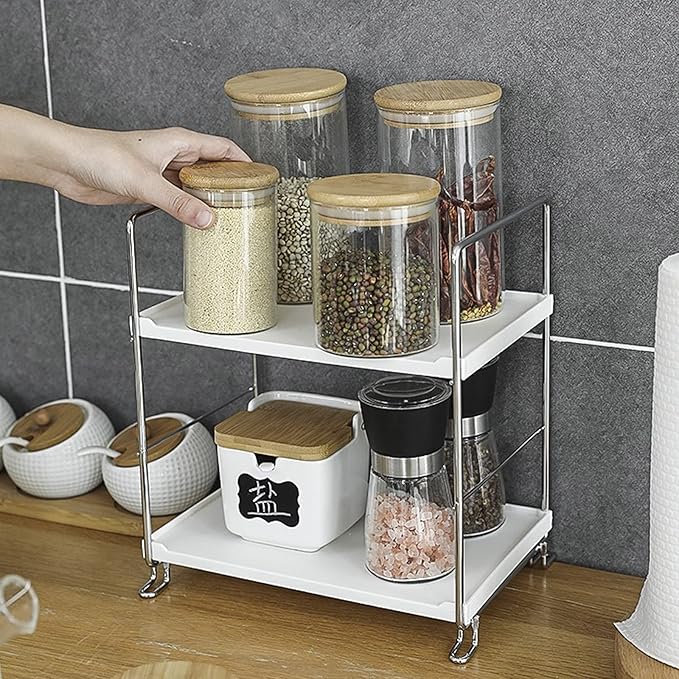 lemonadeus 2-Tier Standing Rack Kitchen Cabinet Spice Rack Plastic/Metal Vanity Tray Cosmetic Organizer Standing Counter Shelf Skincare Organizer (Silver)