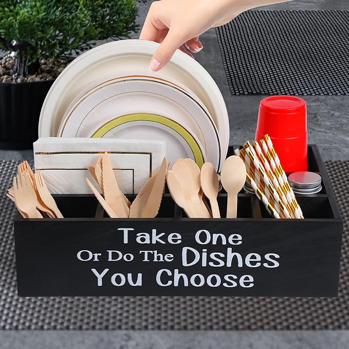 Large Paper Plate Holder Utensil Caddy Organizer for Countertop, Kitchen Silverware Caddy Holder for Cups, Forks, Spoons, Plates, Napkins, Wood Utensil Holder Paper Plate Dispenser for Party Picnic