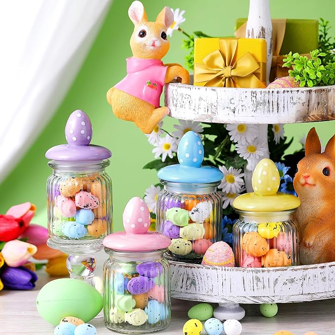 Nitial 4 Pcs Easter Glass Jar with Cap Bunny Rabbit Egg Shape Clear Candy Jar Decorative Food Storage Canister with Airtight Ceramic Lid for Eater Party Tea Cookie Table Decoration(7.8 oz,Easter Egg)