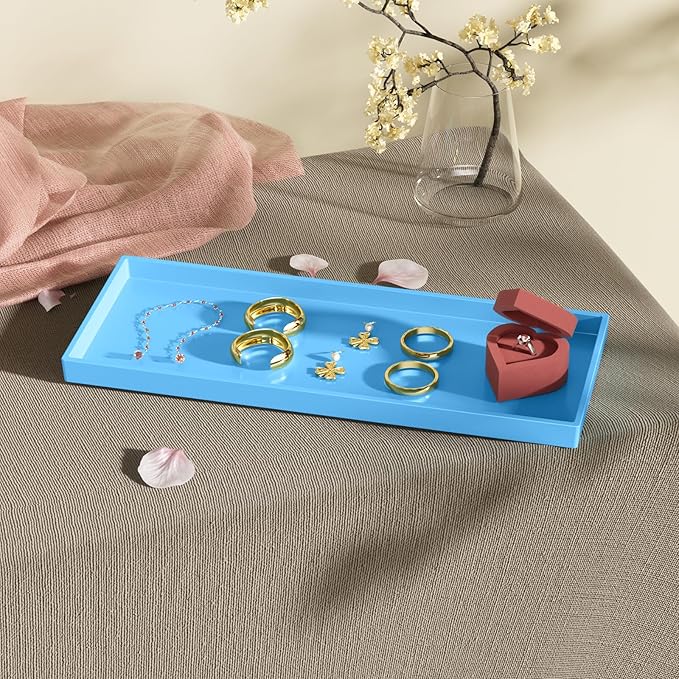 Vanity and Bathroom Tray, 15" ABS Countertop Organizer,Waterproof Vanity Tray for Toilet Tank,Perfume,Soap,Keys,Bathroom Accessories,Kitchen and Bath Trays,Non Slip Small Trays,Blue,2 Pack