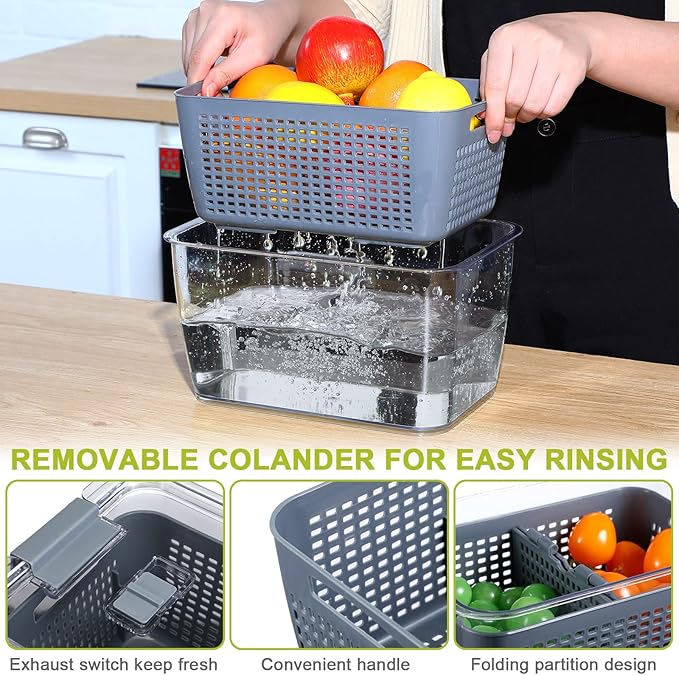Zopeal 6 Pack Fruit Storage Containers for Fridge Produce Saver Containers for Refrigerator Fruit for Fridge Keep Fresh with Lids Colander and Dividers for Salad Berry Vegetable(White, Gray)