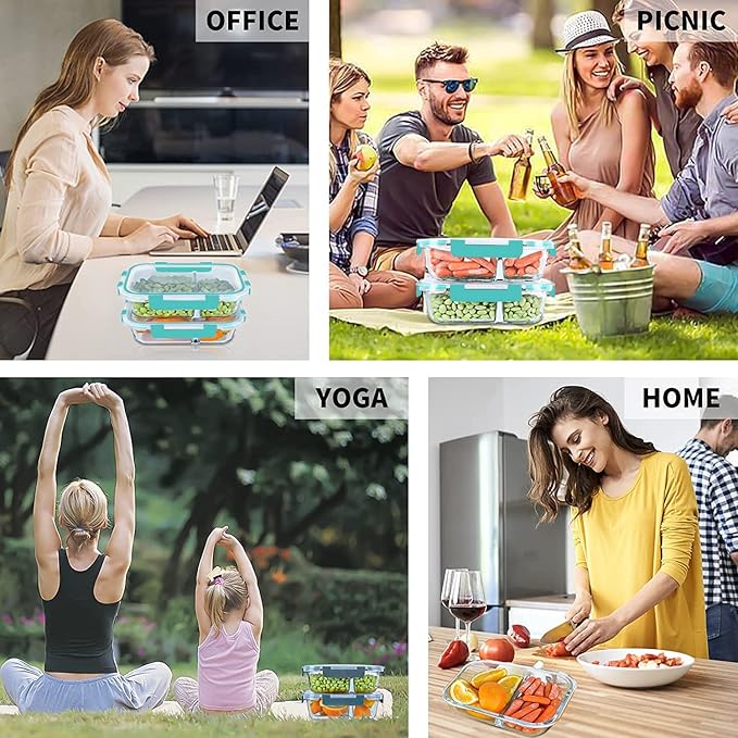 10 Packs 30oz Glass Meal Prep Containers 2 Compartments,Glass Food Storage Containers with Lids,Airtight Glass Lunch Bento Boxes,Oven,Freezer and Dishwasher Safe, Green