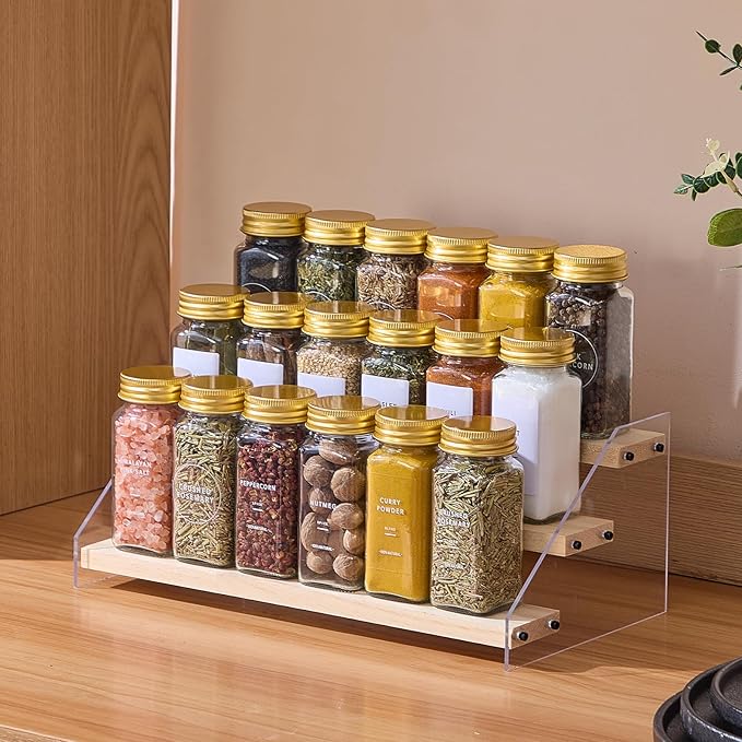 36 Pcs Glass Spice Jars with 576 Labels, 4oz Empty Square Spice Containers,Seasoning Bottles with Gold Metal Caps - Shaker Lids, Funnel and Chalk Pen Included
