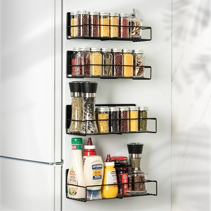 Strong Magnetic Spice Rack For Refrigerator, Large Size Space Saving Organizer, Durable Shelf for Oven, Fridge - 4 Pack - Iron - Black