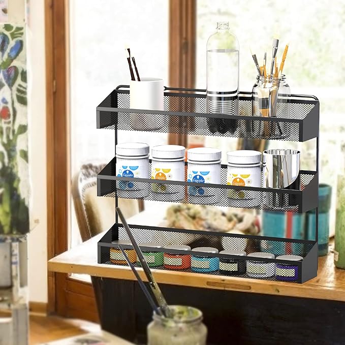 AULEDIO 2 Pack Spice Rack Organizer, 3 Tier Counter-top Stand or Wall Mounted Storage Rack Hanging Shelf for Kitchen Cabinet, Cupboard, Pantry Door Bathroom Shower Cosmetic (Black)