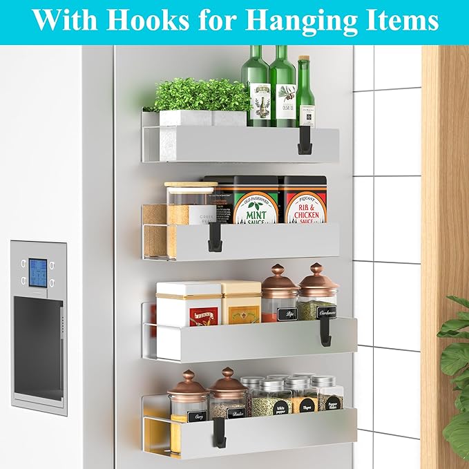 4 Pack Magnetic Spice Storage Rack Organizer for Refrigerator and Oven, Silver Fridge Organizers and Storage