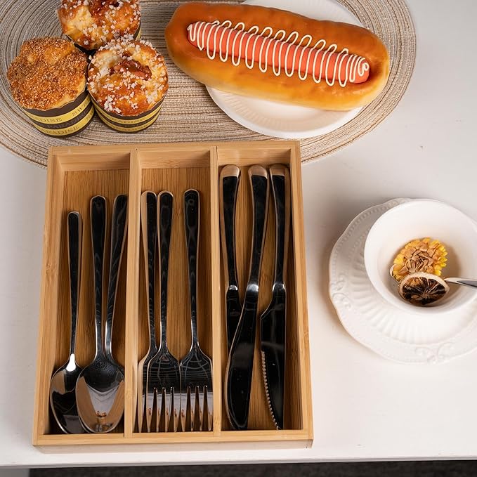 Silverware Organizer Bamboo Kitchen Drawer Organizer Kitchen Utensil Organizers, Flatware Organizer Tray for Flatware, Utensils(Natural)