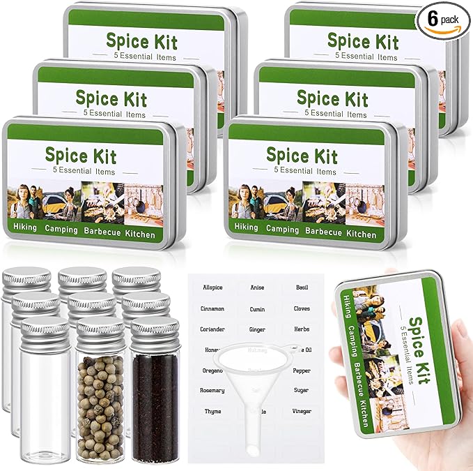 6 Sets Mini Camping Spice Kit with 4 Herb Spice Jar Mini Condiment Bottle Labels Sticker Funnel Metal Portable Seasoning Container for Travel Camping Kitchen Outdoor Picnic BBQ