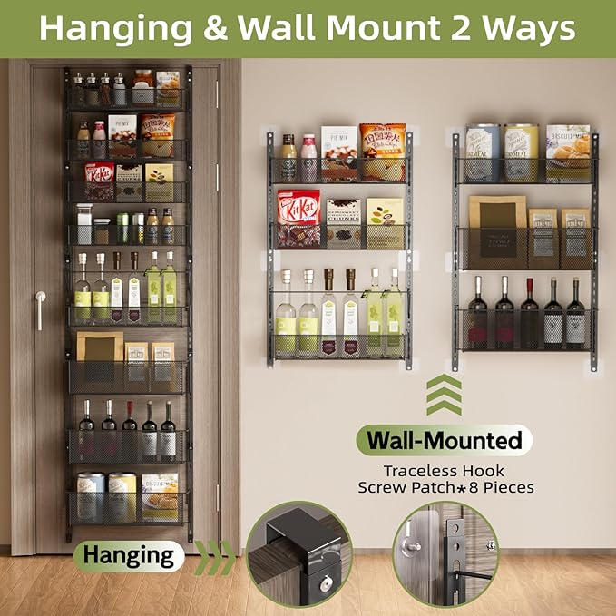 Over The Door Pantry Organizer, 8-Tier Pantry Door Organizer Shelves, Metal Hanging & Wall Mount Spice Rack Organizer, Pantry Door Organization for Pantry Kitchen Storage Room Spice Rack