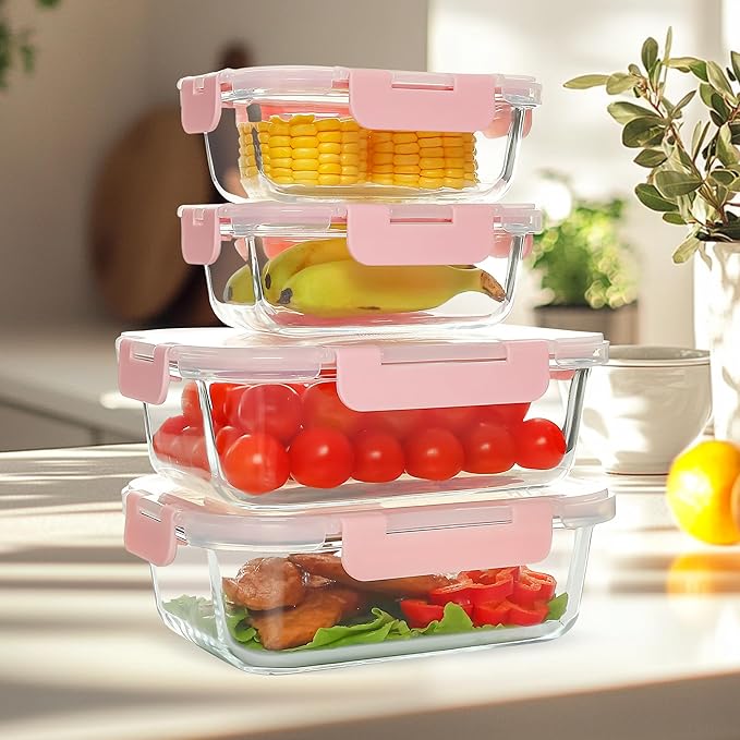 UMEIED 12 PACK Glass Food Storage Containers with Leak Proof Lids, Glass Airtight Meal Prep Containers Set for Lunch, On the Go, Leftover, Kitchen Pantry Organizers and Storage (Pink)